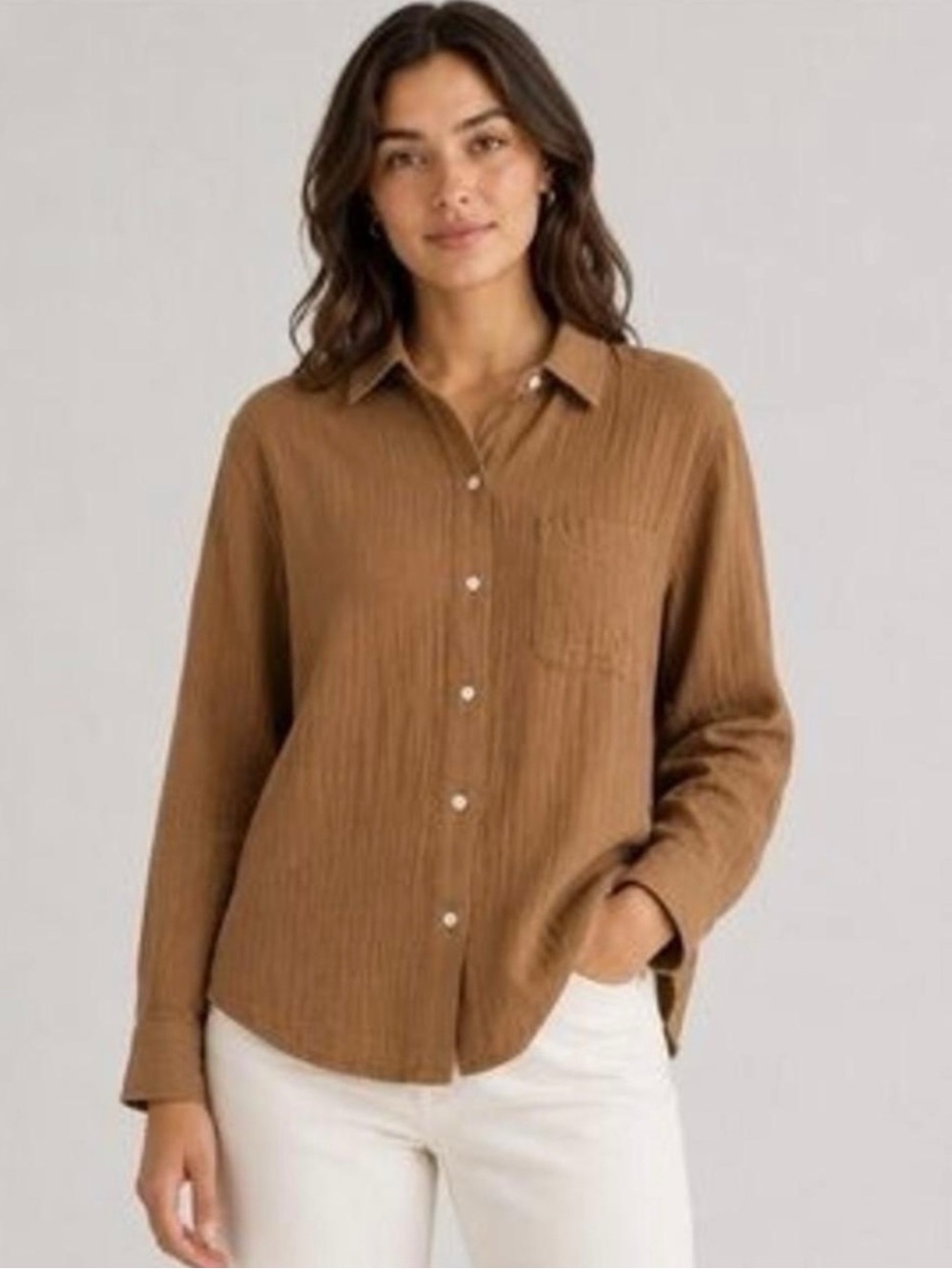 NWT QUINCE | 100% Organic Cotton Gauze Long Sleeve Shirt Toasted Coconut Medium